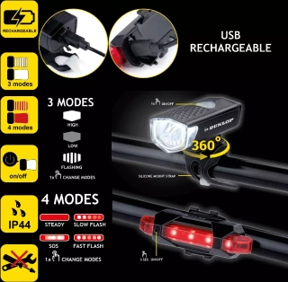 Zestaw lampki rowerowe USB LED przód tył DUNLOP